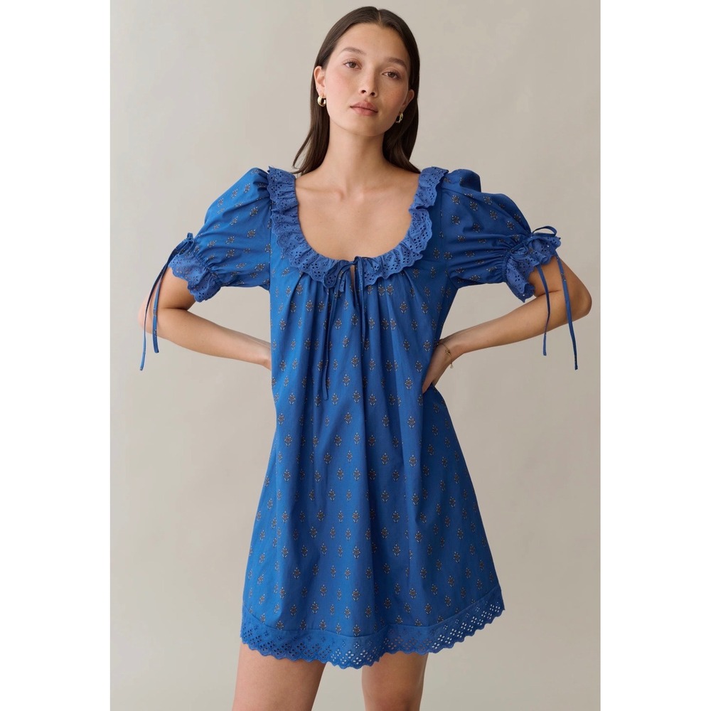 Few Moda Kourt Blue Floral Eyelet Puff Sleeve Mini Dress K25WDRS04100 Size L NWT